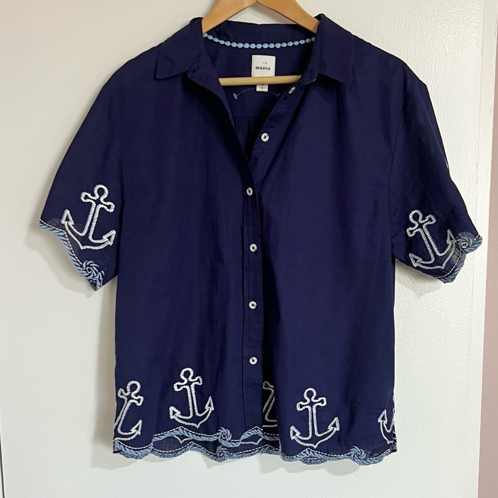 Anthropologie Maeve Henrietta Buttondown Surf Shirt Embroidered Anchor - Picture 5 of 11